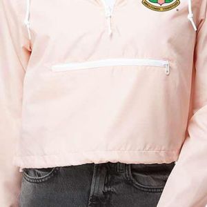 Light Pink Women Quarter Zip Crop Windbreaker Jacket with Green Embroidered Crest Lightweight Long Sleeve Casual Outdoor Wear - Product Image 4