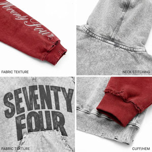 Sudadera con capucha para hombre Seventy Four, con cremallera, estilo oversize, streetwear, gris con mangas rojas, estampado de letras, de felpa francesa lavada - Product Image 6