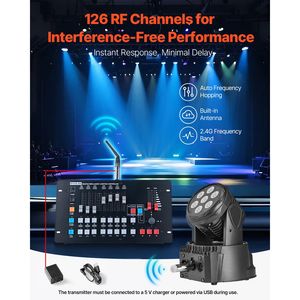 Accesorios para Luces de Escenario, 7 Receptores DMX Inalámbricos, 1 Transmisor, Banda ISM 2.4G, Alcance de 656 pies, con Bolsa y Adaptador - Product Image 2