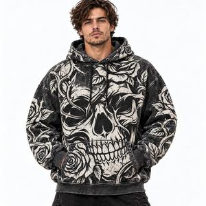 Sudadera con capucha para hombre con lavado ácido, estilo gótico con estampado de calavera y rosas, vintage, con bolsillo canguro - Product Image 1