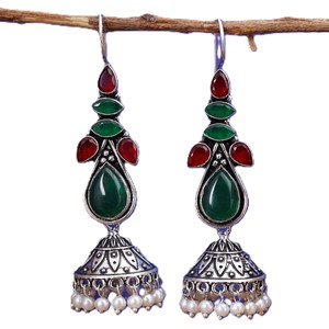 Trusted Supplier Bohemian Ethnic Water <b>Drop</b> Dangle Jhumka <b>Earrings</b> Bezel Setting Brass Antique Silver-Plated Jade <b>Red</b> Stones - Product Image 3