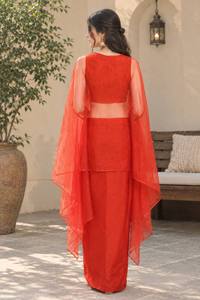 <b>Red</b> Embroidered Traditional Women's <b>Crop</b> <b>Top</b> with Sheer-Dupatta for Wedding Indian-Pakistani Style - Product Image 5