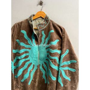 Embroidered <b>Velvet</b> <b>Jacket</b> With Turquoise Geometric Pattern Stand Collar Full Sleeve Autumn <b>Women's</b> Wear - Product Image 3