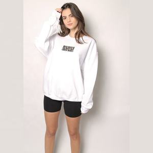 Sudadera bordada de gran tamaño Beige para mujer, Jersey ligero sólido, cuello redondo, Sudadera con capucha de invierno, logotipo frontal grueso y cálido para niñas - Product Image 5