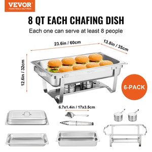 8 Qt Stainless Steel Chafer Set 6-Piece <b>Buffet</b> Warmer <b>Server</b> Full Size Pans Rectangle Lid 6 Pack Warming Holding Equipment - Product Image 2