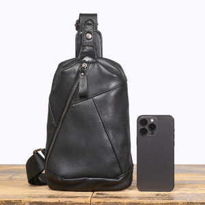 Bolso de Pecho Personalizable de Cuero Vacuno Negro para Hombre, Bolso Bandolera de Cuero Genuino de Color Sólido, Bolso de Hombro con Cremallera para Teléfono Móvil, Moda de Alta Gama - Product Image 4