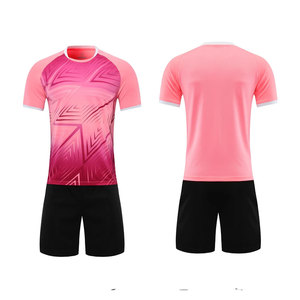 ชุดเสื้อฟุตบอลพิมพ์ลายแบบ Heat-Transfer สำหรับเล่นกีฬากลางแจ้ง สีชมพู-ดำ ผลิตจากโพลีเอสเตอร์ 100% แขนสั้น ชุดยูนิฟอร์มกีฬาสำหรับผู้ชาย - Product Image 6