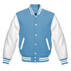 Most Comfortable Men Wool Material Sky Blue Color Letterman Jacket Men Basketball Jackets In Reasonable Rates
