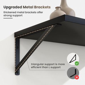 Set of 2 <b>Black</b> Floating Wall Shelves with Heavy Duty Metal Triangle Brackets Modern Wooden Display Shelves for Living Room <b>Bed</b> - Product Image 5