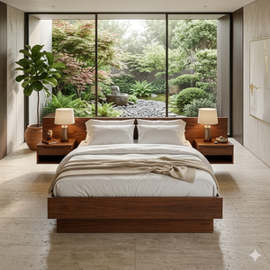 Mid Century Modern Wooden Platform <b>Bed</b> Frame Solid Wood King <b>Size</b> Bedroom Sets Integrated Floating Nightstands Luxury Hotel - Product Image 2