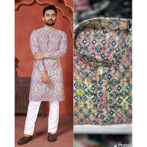 Kurta payjama ไก่ผ้าฝ้ายแฟนซีพร้อมลำดับการทำงานสำหรับบุรุษสีชมพู - Product Image 1