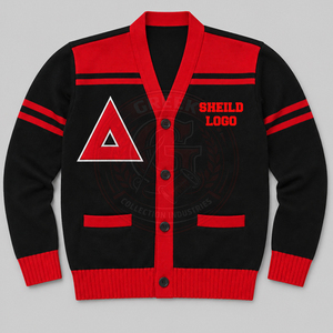 Cardigans personnalisés DST Sorority Delta, rouge et noir contrastés, pulls pour femmes, col en V, tricot acrylique, broderie du logo grec, style universitaire - Product Image 1