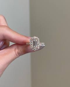 2 Carat Vintage Halo Emerald Cut Lab Grown <b>Diamond</b> Engagement <b>Ring</b>, 14k Rose Gold Pave Band <b>Ring</b> IGI Certified - Product Image 1