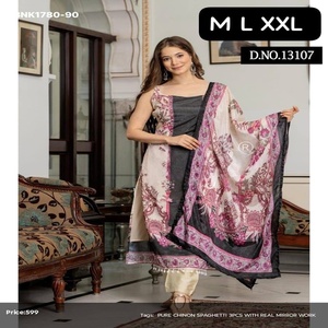 Kurti-Pant-Dupatta sans manches en Chanderi pur de qualité supérieure, avec motifs imprimés et travail de miroirs véritable, et bordure Kodi Latkan - Exportateur indien - Product Image 1
