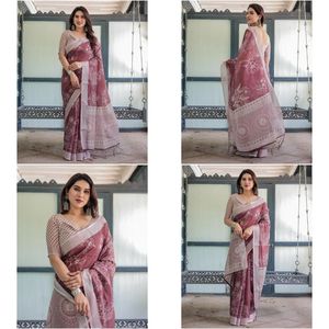 Sari indio estilo Bollywood de lino y algodón con tejido plateado y hermoso estampado digital, elegante vestido étnico para novias. - Product Image 4