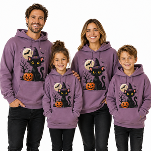 Sudadera con Capucha Morada para Mujer con Estampado de Gato de Halloween, Diseño de Sombrero de Bruja y Luna de Calabaza, Ajuste Regular, Algodón, Proveedor de Logotipos Personalizados - Product Image 4