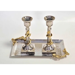 Luxury 3-Piece Metal Candle Holder Set Silver Taper Candlestick with Gold Leaf Accents Hammered Rectangular <b>Tray</b> for Wedding - Product Image 1
