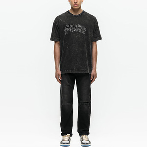 Camiseta Personalizada para Hombre, Lavada al Ácido, con Pedrería, de Algodón Grueso, Cuello Redondo, Estilo Urbano, para Uso Diario - Product Image 1