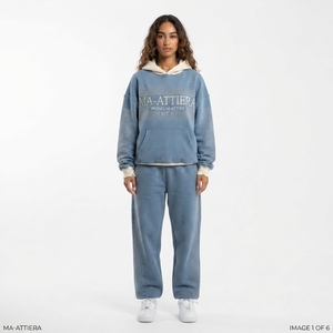 Conjunto de Sudadera Azul Oversize Personalizada y Pantalones Anchos de Felpa con Pedrería, Chándal de Algodón para Streetwear, Venta al por Mayor OEM - Product Image 1