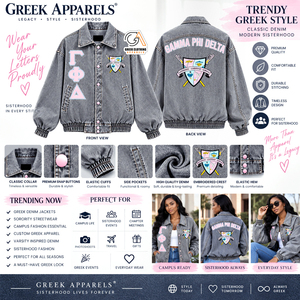 Chaqueta Universitaria para Mujer Gamma Phi Delta, Color Rosa, Bordada, Satén, Manga Larga, Cuello Camisero, Ecológica, Impermeable y Resistente al Viento - Product Image 5