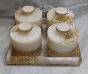 White Gold Foil Epoxy Resin 4 Jar Storage Set With Rectangular Tray Luxury Condiment Server Skies Trader - Product Image 1