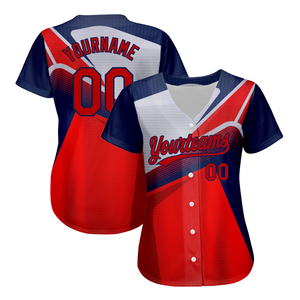 Maillot de baseball personnalisé rouge, blanc et bleu, sublimation, chemise d'équipe à manches courtes entièrement boutonnée pour hommes, nom et numéro personnalisés, 100% personnalisable - Product Image 2