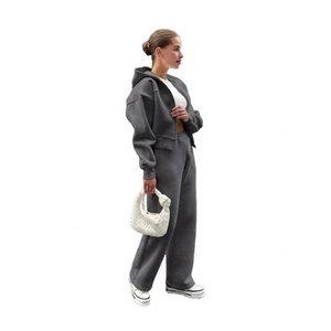 Wholesale Custom Logo Hooded Tracksuit Set Loose Fit Solid Color Sportswear Spandex Polyester Drawstring Casual Jogger <b>Suit</b> - Product Image 6