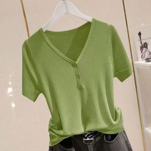 Camiseta de punto para mujer, cuello en V, manga corta, transpirable, con decoración plisada, color sólido, corte holgado, estilo casual, para primavera y verano - Product Image 3