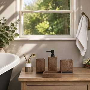 Ensemble de salle de bain en bois : porte-brosse à dents carré, distributeur de savon, gobelet, plateau – Accessoires de vanité minimalistes - Product Image 6