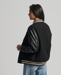 แจ็คเก็ตหนังเบสบอลแบบ Letterman สีดำสั่งทำพิเศษสำหรับผู้หญิง ขายดีที่สุด - Product Image 6