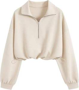 Women's Half Zip Collar Crop Adjustable Drawstring <b>Hem</b> Oversized Long Sleeve Pullover Cropped <b>Top</b> Sweatshirt - Product Image 1