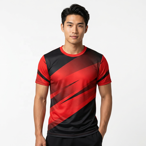 Camiseta de Manga Corta con Cuello Redondo y Estampado Geométrico Rojo y Negro para Hombre, 100% Algodón Jersey, Corte Regular, Secado Rápido, Transpirable y Ecológica - Product Image 4