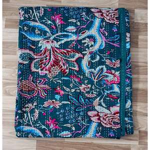 Couvre-lit Kantha fait main de haute qualité, 100% coton, imprimé à la main, motif floral, poids du tissu 220g, origine Rajasthan - Product Image 6