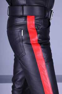 Men's Black <b>Leather</b> Look Moto <b>Pants</b> High Waist Side Red Stripe Zipper Fly Biker Style Autumn Wear - Product Image 5