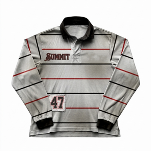 Chemise de rugby pour femme en coton mélangé 300 GSM, panneau rayé rouge vert blanc, logo brodé personnalisé, coton. - Product Image 3