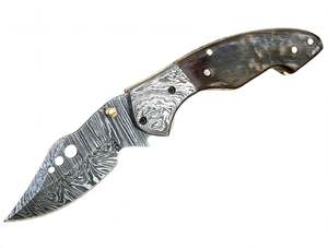 Couteau de poche pliant artisanal en acier Damas, manche en corne, bolster en Damas, outil EDC - Product Image 4