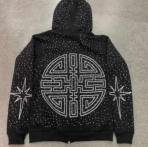 Sweat à capuche zippé personnalisé OEM ODM, broderie appliquée, logo, effet vieilli, délavé à l'acide, vintage, avec strass, pour homme - Product Image 1