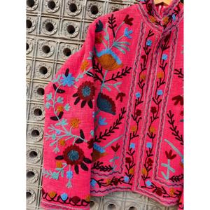 Handmade Embroidered Woolen Jacket For Women Boho Floral Kashmiri Winter Jacket Ethnic Pink Zip Up Coat - Product Image 2