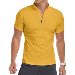 Camiseta deportiva de punto para hombre con cremallera de un cuarto, de alta calidad, color sólido, antiarrugas, de secado rápido, transpirable, con logo personalizado. - Product Image 3