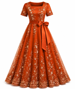 <b>Pink</b> Comfortable Satin A-Line Empire Waist Floral Embroidered Evening <b>Dress</b> Bow Belt Maxi Gown Short Sleeve Formal Party <b>Wedding</b> - Product Image 3