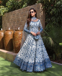 Blue Floral Embroidered Faux Georgette Salwar Kameez <b>Netted</b> Dupatta Long Sleeve Wedding Party Dress Fully Stitched Ready Indian - Product Image 1