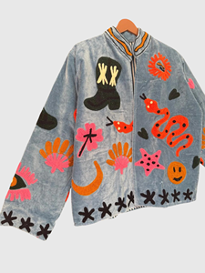 Veste en polaire brodée à la main, col mandarin, manches longues, grande taille, vêtements d'automne pour femmes, design patchwork appliqué - Product Image 3