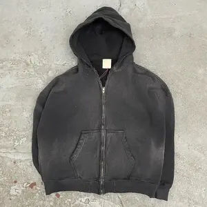 Sweat à capuche zippé en polaire vintage double couche, délavé à l'acide, effet usé, avec poches, personnalisé, haute qualité, style streetwear - Product Image 3