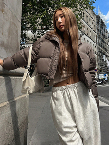 <b>Women's</b> Short Quilted Puffer <b>Jacket</b> Stand Collar Zipper Thick Winter <b>Padded</b> Coat Adjustable Waist Brown - Product Image 6
