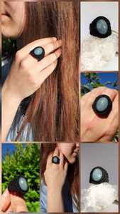 Anillo de Macramé Boho Hecho a Mano con Cabujón Ovalado de Piedra Preciosa Azul Claro Natural, Anillo Ajustable con Cordón Negro, Joyería al por Mayor - Product Image 2