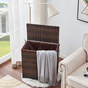 Cesto Portabiancheria in Rattan Sintetico Intrecciato a Mano con Coperchio Pieghevole, Manici e Fodera Rimovibile, Cesto Divisorio per Vestiti - Product Image 1
