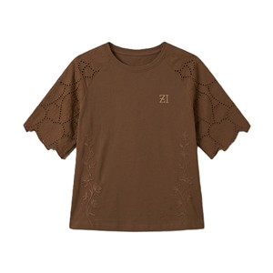 Trendy Brown Raglan Sleeve T-Shirt Elegant Hollow Out Eyelet Women's Shirts Embroidered Lace Panel Crew Neck Custom Logo Blouse - Product Image 3