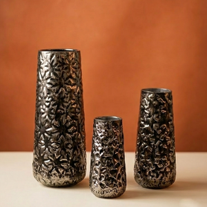Luxury Silver Embossed <b>Metal</b> Flower Vase Modern Floral Pattern Textured Handcrafted Home Decor Table Centerpiece Single <b>Unit</b> - Product Image 1
