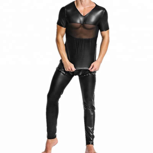 Men's PU leather t-<b>shirt</b> High street casual winter wear Breathable eco-friendly <b>shirt</b> Solid shiny long sleeve tee - Product Image 5