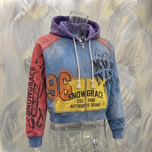 Sweat-shirt à capuche zippé Snowgrace en molleton bouclette coupe courte imprimé devant unisexe streetwear automne 100% coton manches raglan - Product Image 3